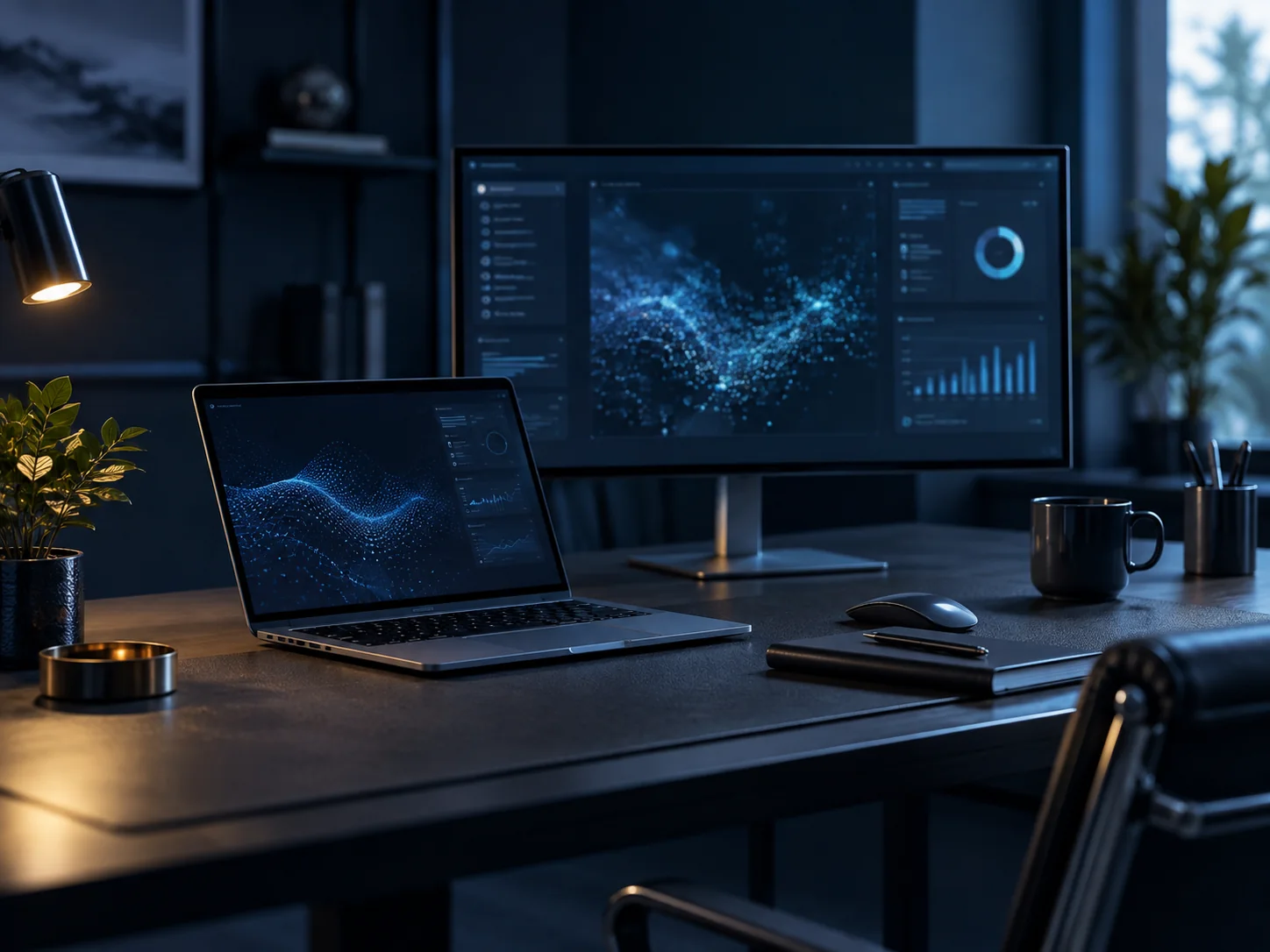 A modern workspace with a laptop and monitor.